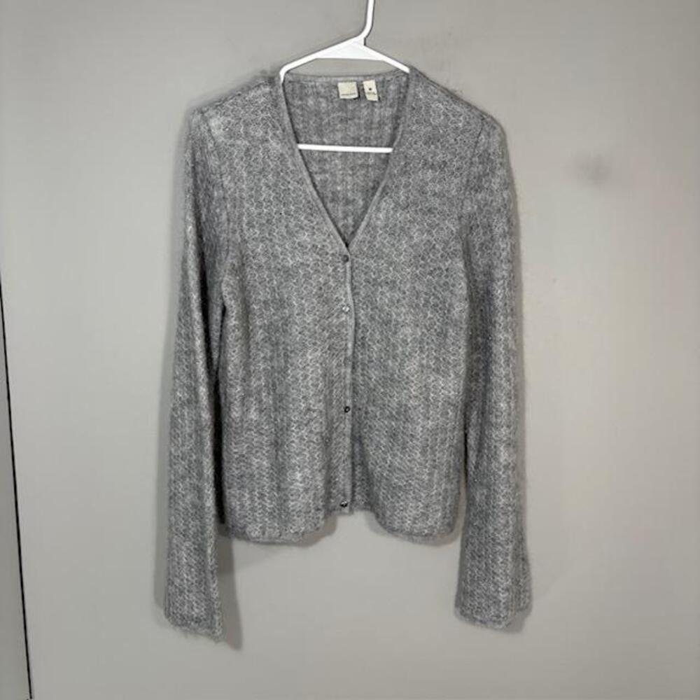 Vintage Anne Klein Cardigan Sweater Womens Medium Gray Mohair Sequin Open Knit
